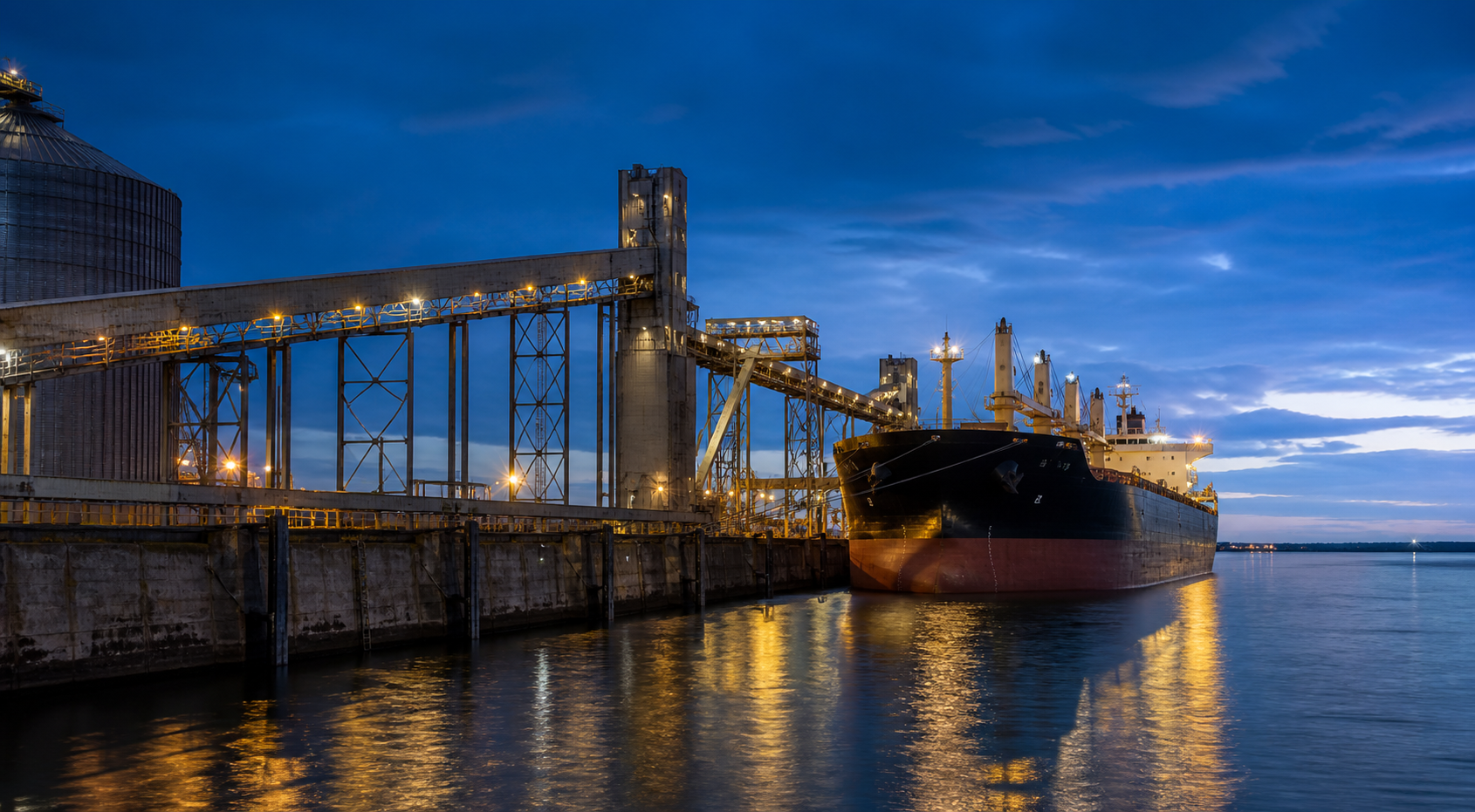 Bulk carrier loading grain at an Argentine export terminal